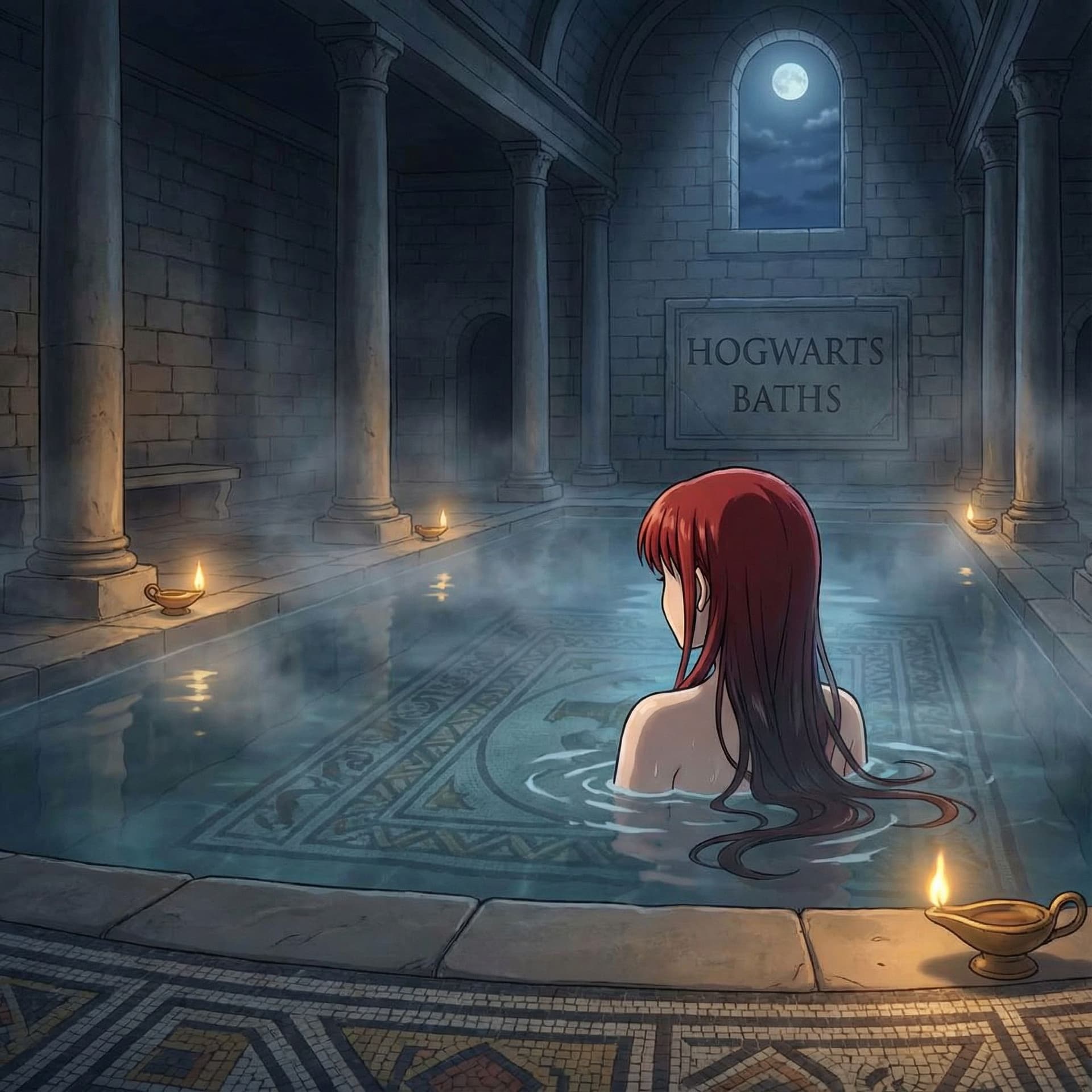 AI generated: Ginny Weasley, 19 years old, in Hogwarts roman style bath, night scene, naked, nsfw, hairy pussy, an...
