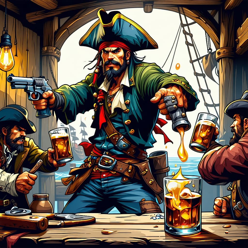 AI generated: pirate captain, dockhand in rags, brawling with firearms and rum mugs in a tavern. comic style with ...