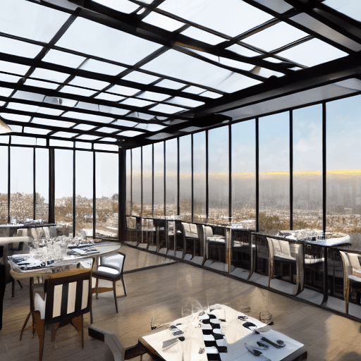 AI generated: Hyper realistic eye level interior photo of a rooftop fine dining restaurant with 2 sides glass wall...