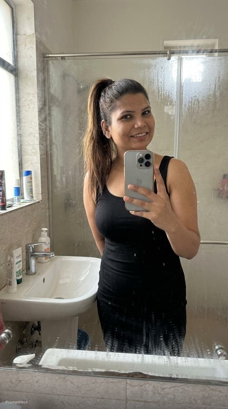 AI generated: Casual mirror selfie in a bathroom, smartphone photo quality... iPhone in hand. Steamy mirror, natur...