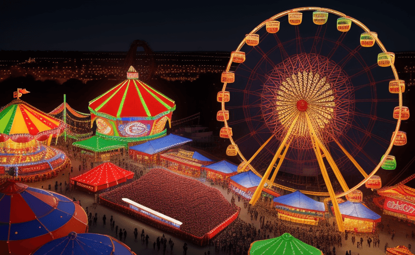 AI generated: aerial view of the state fair at night,  in the style of Madhubani painting, carnival rides and game...