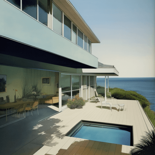 AI generated: painted with watercolors eye level exterior photo of a mid century modern style house overlooking th...