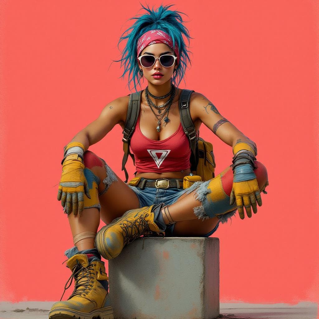 AI generated: full body shot of a confident, athletic woman sitting casually on a concrete block  near her. The ba...