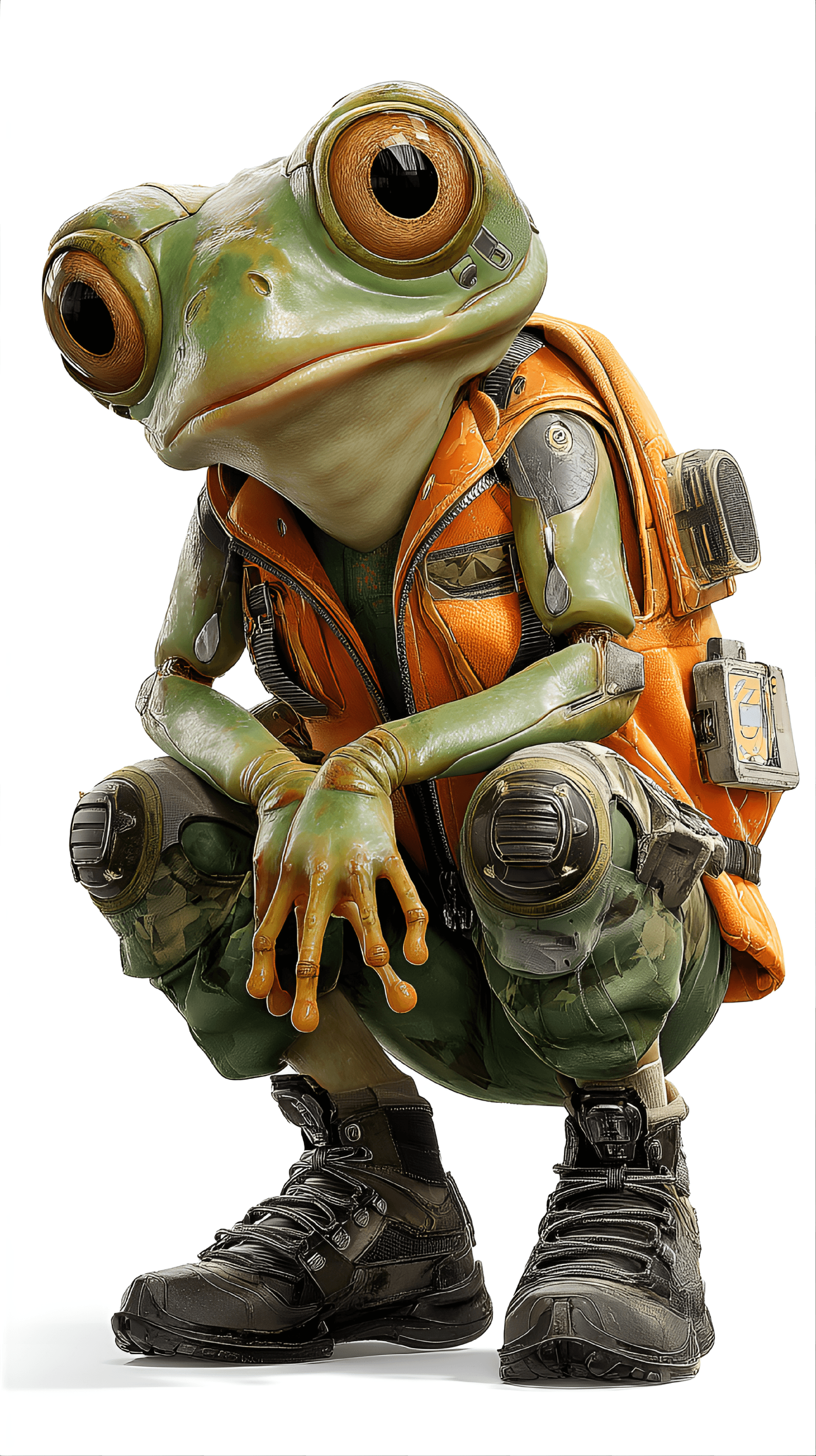 AI generated: funny caricature, cybernetic amphibian caricature, young alien amphibian, 5 years old in frog years,...