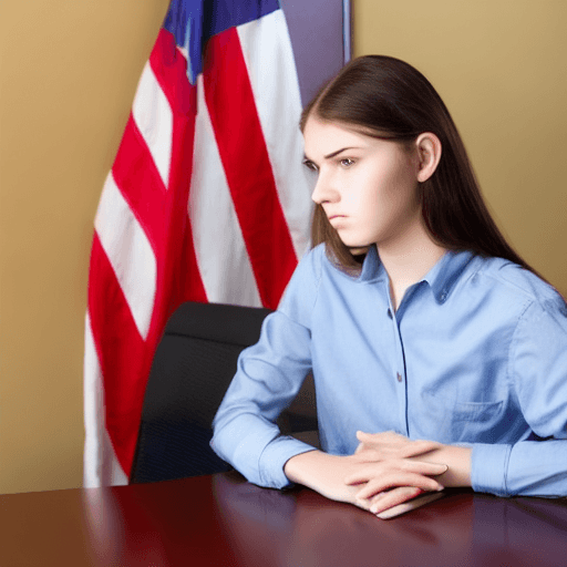 AI generated: beautiful 18 year old woman standing in principal's office. She has her elbows placed gently on the ...