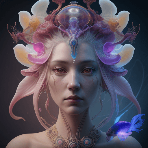 AI generated: Goddess close-up portrait ribcagel. jellyfish phoenix head, nautilus, orchid, skull, betta fish, bio...