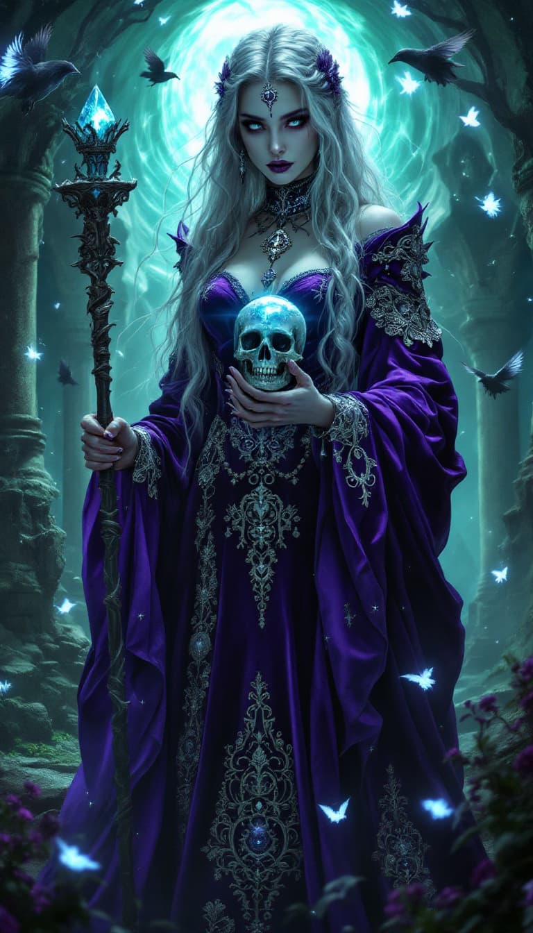 AI generated: An ultra-realistic, full-body static depiction of an arcane sorceress woman, exuding an aura of prof...