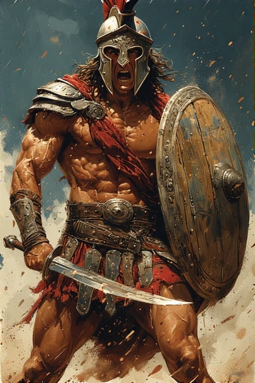 AI generated: Comic book realistic illustration, full body shot of a young gorgeous Spartan conan with thick aesth...