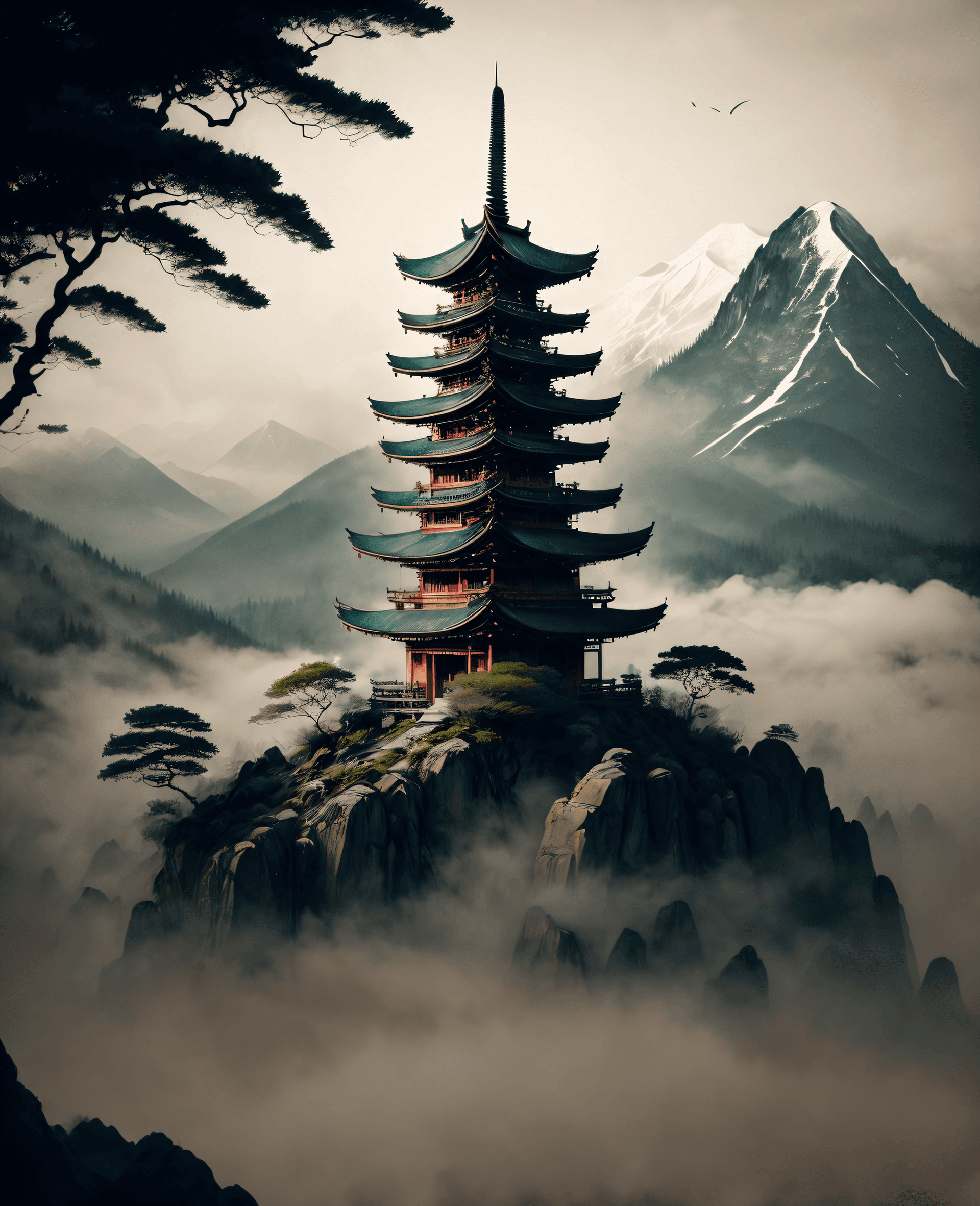 AI generated: (masterpiece Illustration, best quality:1.2) Style of shan shui, Ruins of a (Lost Buddhist Temple:1....