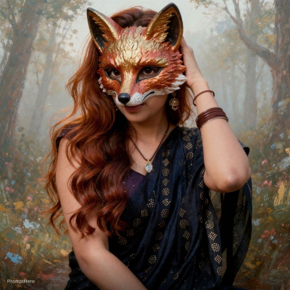 AI generated: A striking young girl with long, wavy auburn hair cascading over her shoulders wears an intricately ...