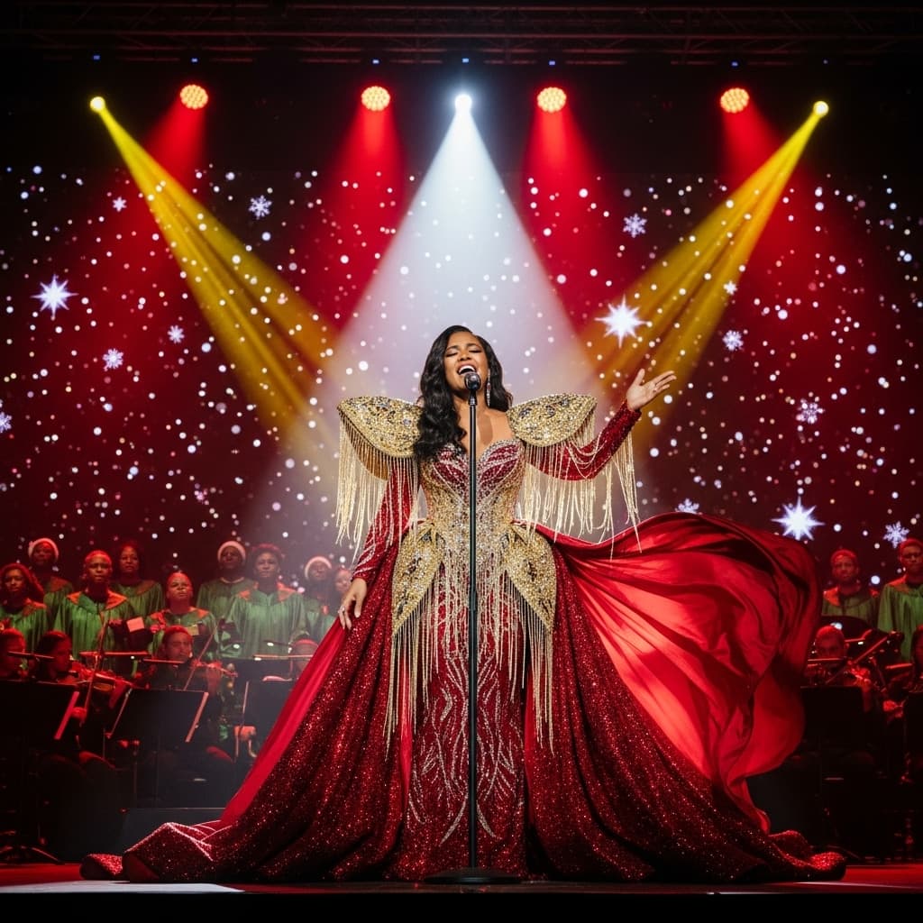 AI generated: A dazzling female superstar on stage, glamorous Christmas concert, wearing an extravagant couture go...