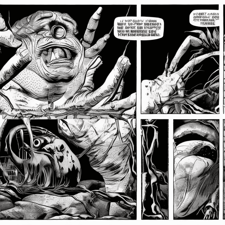 AI generated: in the style of Richard Corben featuring a giant spider with a distorted face, bloody fangs, and vac...