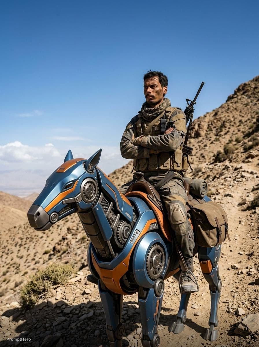 AI generated: A lone desert scout riding a robotic reptile-like pack mount up a rocky slope under a wide open sky,...