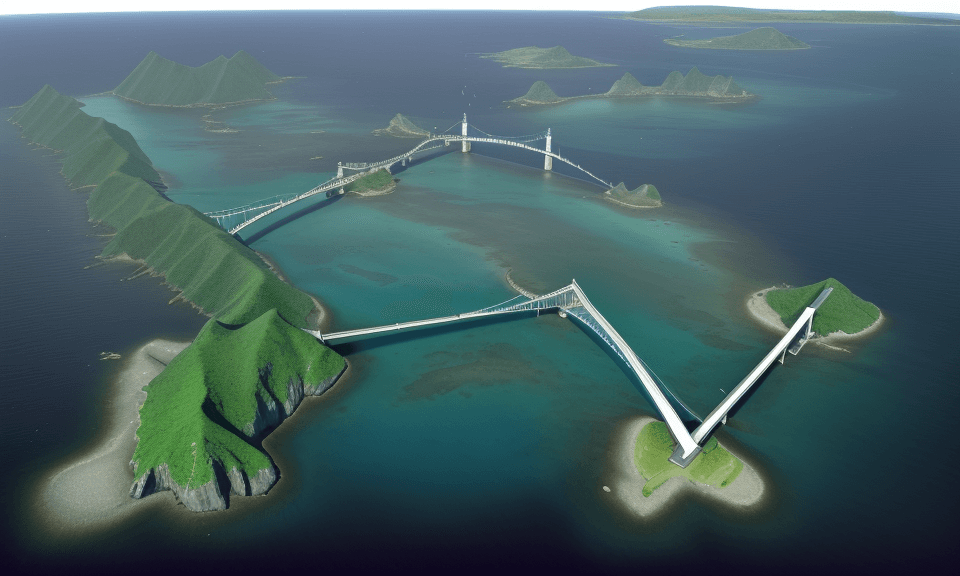 AI generated: island with many different bridges extending from the island to the mainland