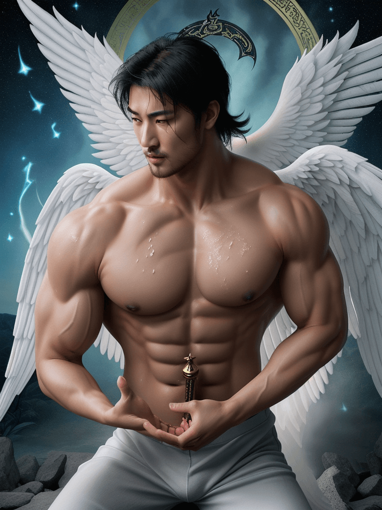 AI generated: a ((tarot card)) depicting ((an asian Archangel)), as ((one fully bare big muscular male beast)), fu...