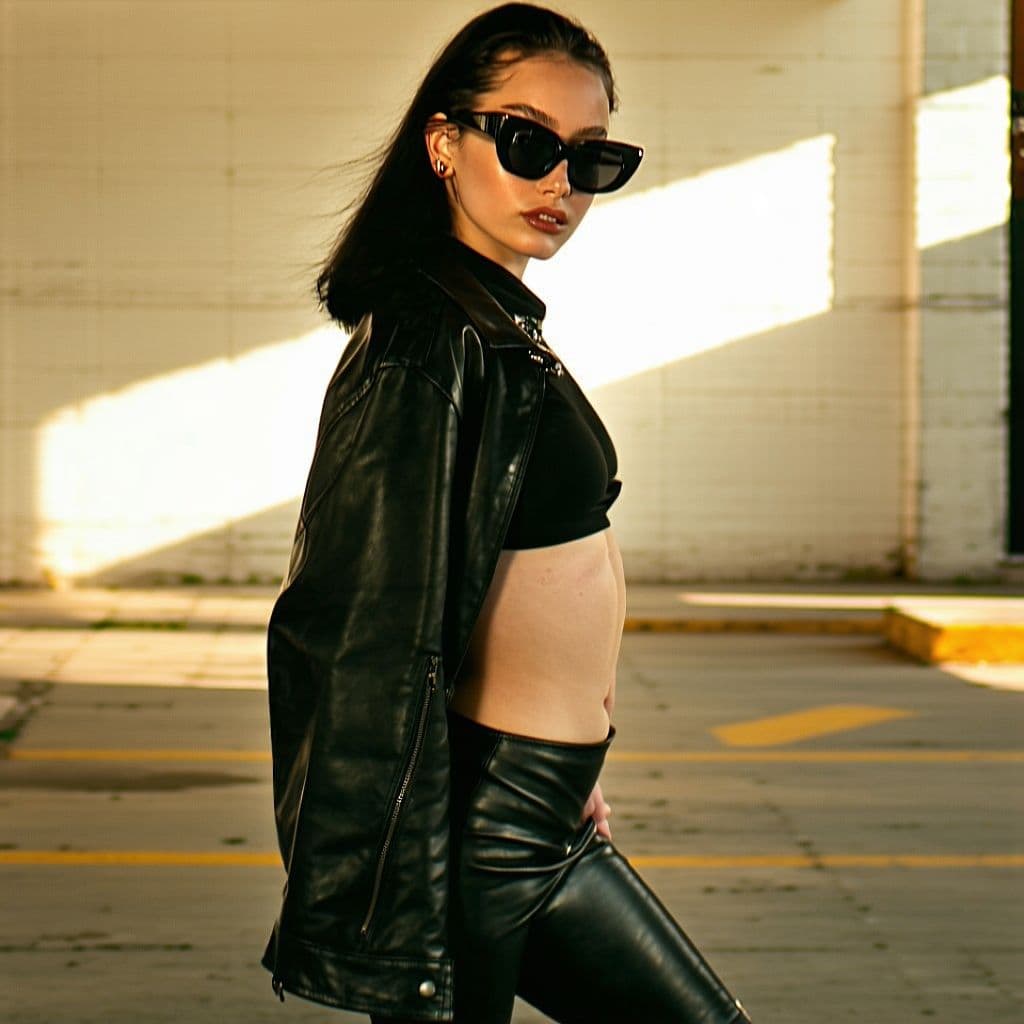 AI generated: Full body shot, portrait of a young beautiful girl, big breasted, leather boots, wearing dark sungla...