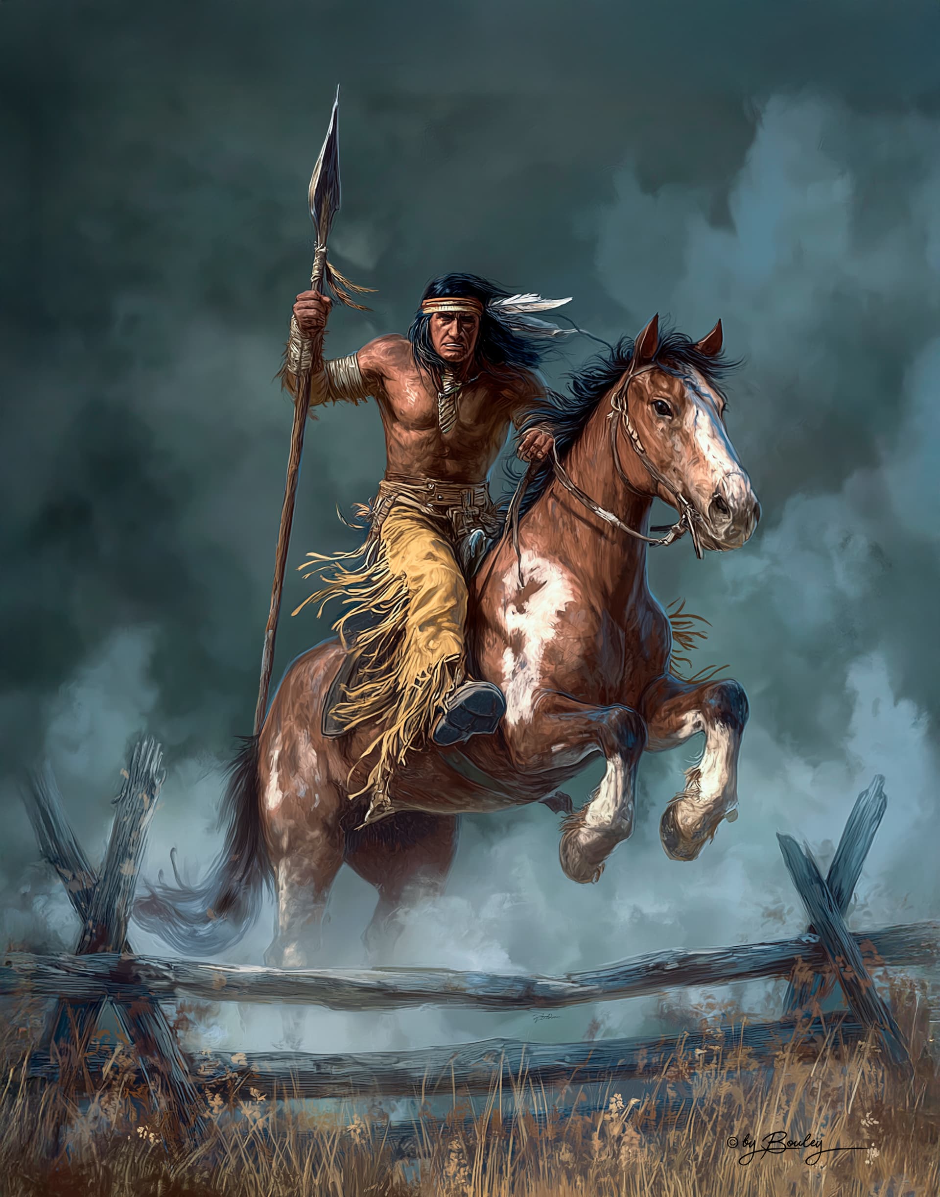AI generated: A painting of an Native American Indian warrior riding his brown horse, holding up his spear in one ...