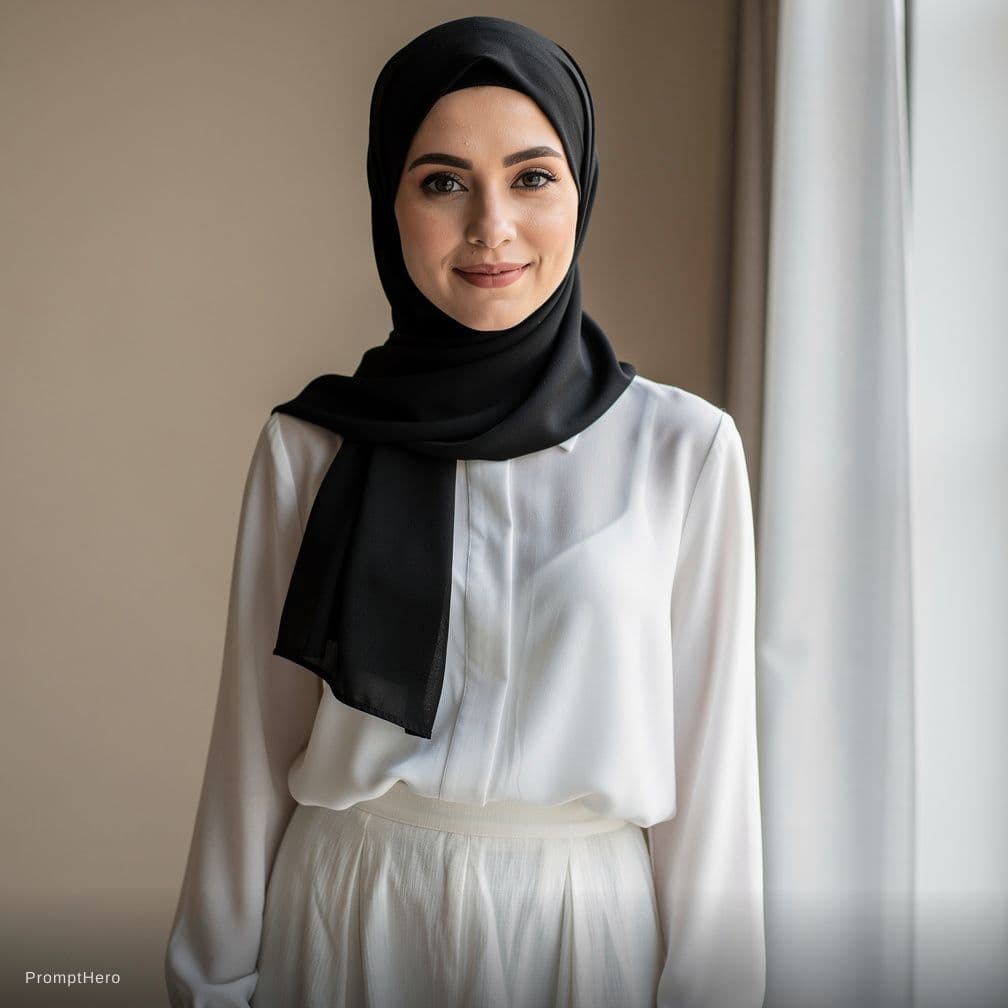 AI generated: a white hijabi girl wearing black hijab, wearing white panties and topless, 