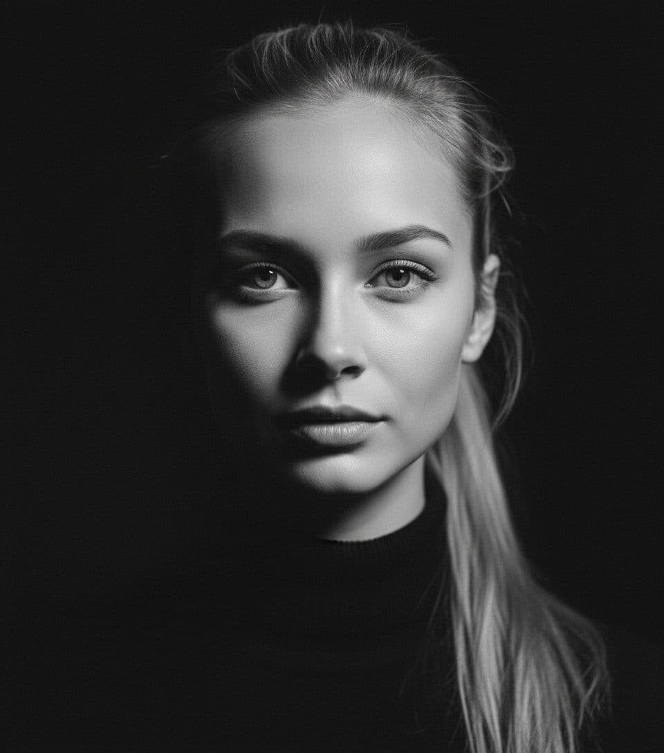 AI generated: Headshot portrait of a young blonde woman with a ponytail, wearing a black turtleneck sweater, looki...