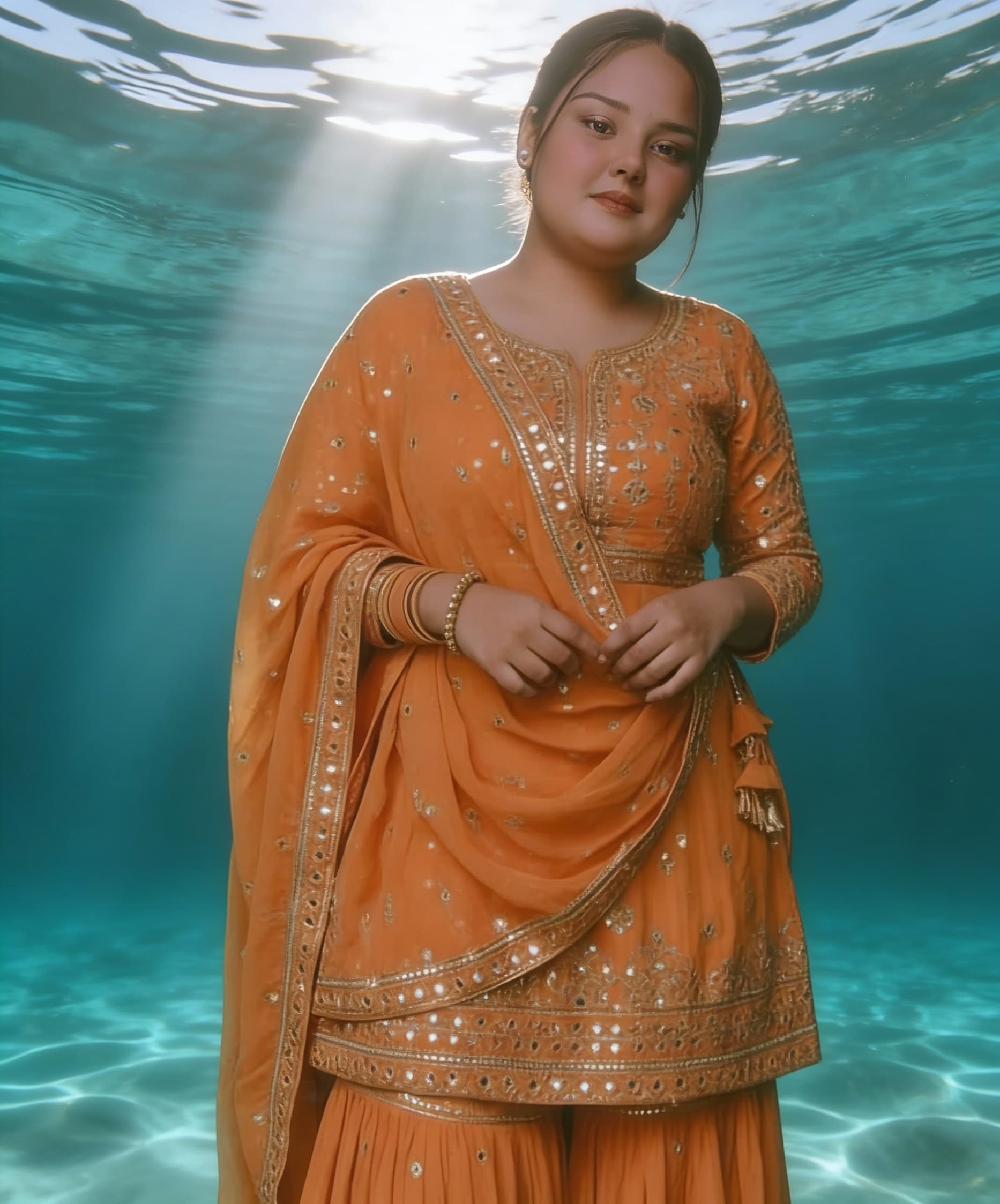 AI generated: A serene underwater scene with gentle ripples on the water's surface, illuminated by beams of sunlig...