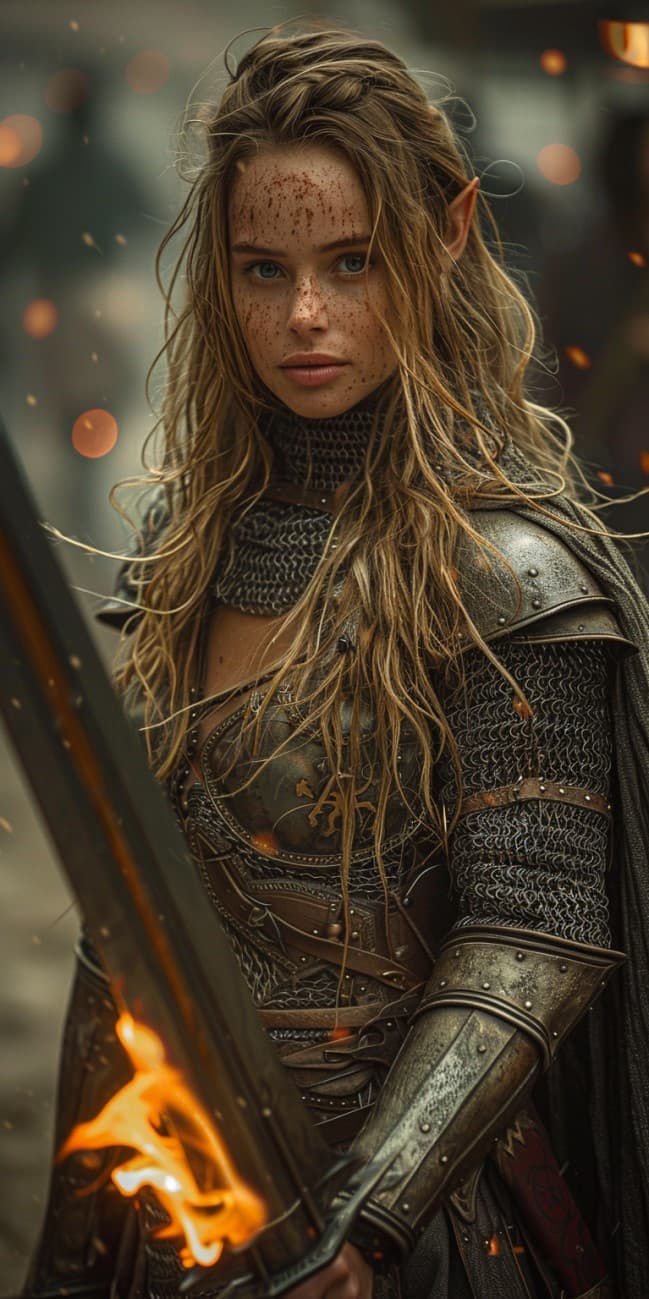 AI generated: Elf, warrior woman in chainmail armour weilding a flaming sword. She is a fierce warrior on the batt...