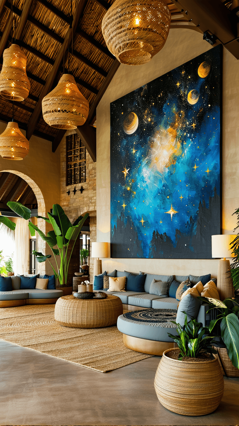 AI generated: Here is a high-end bohemian-style hotel lobby featuring your celestial and mystical artwork. The spa...