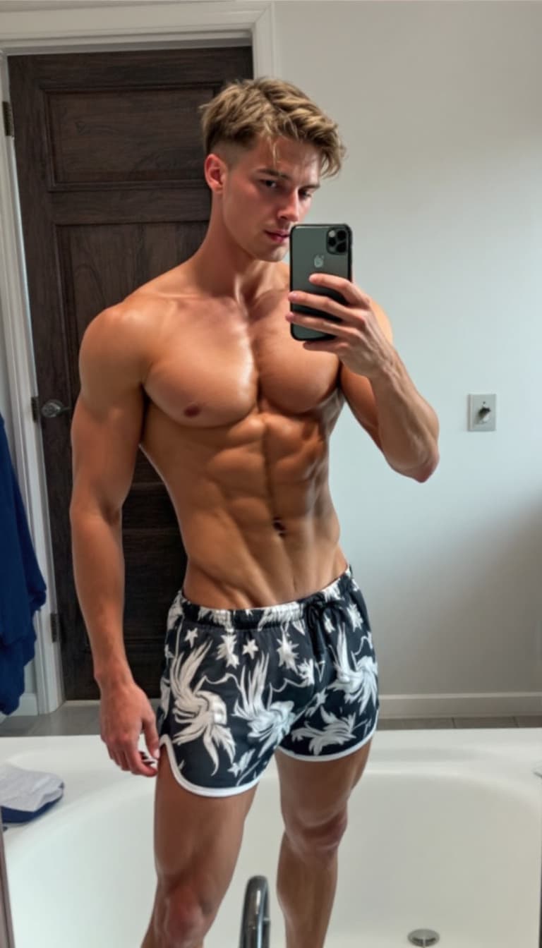 AI generated: Attractive 18 year old male, selfie, Caucasian, short brown hair, muscular, small gym shorts, well e...