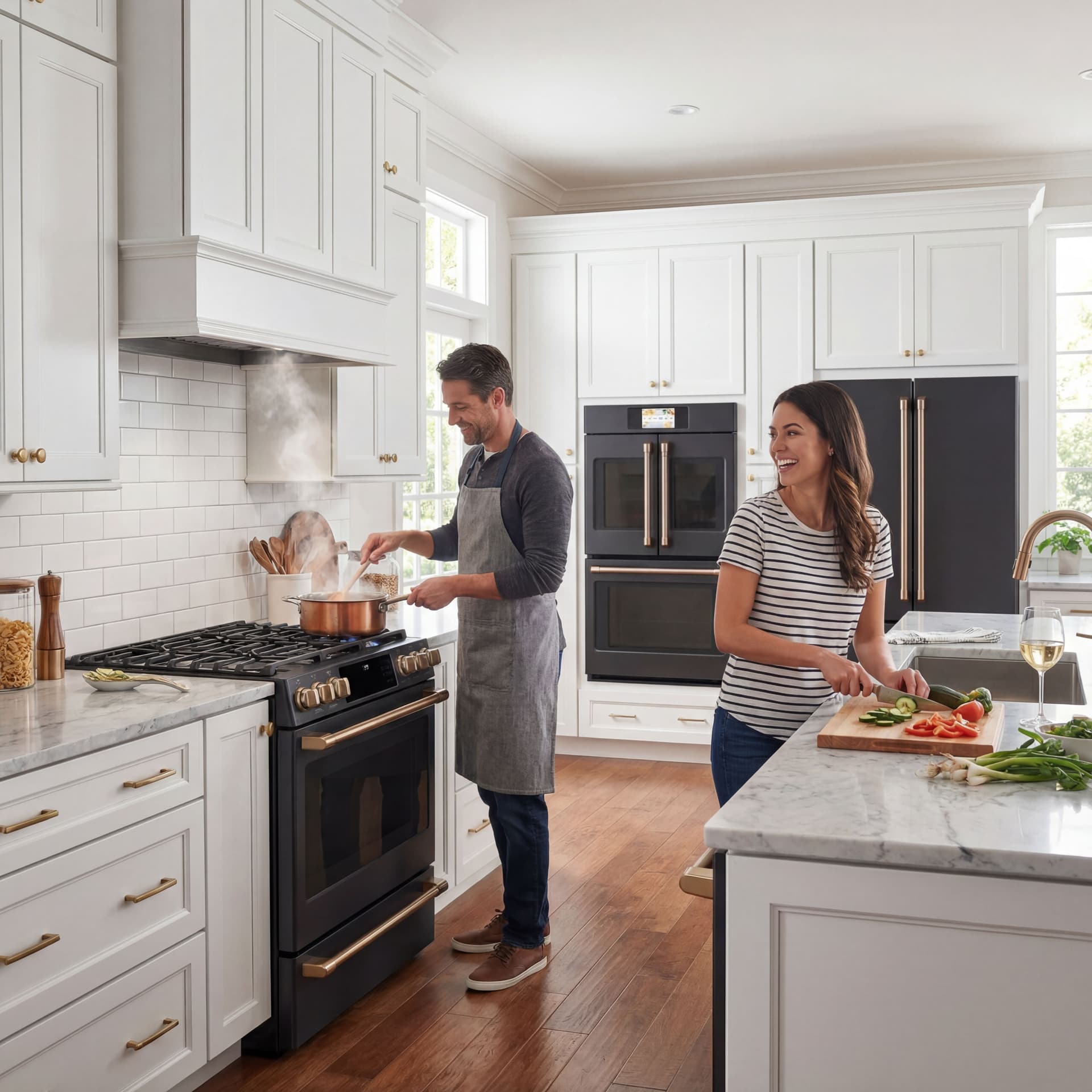 AI generated: Turn into lifestyle photo. Photo realistic. Show a man and woman cooking on stove. Make a luxury kit...