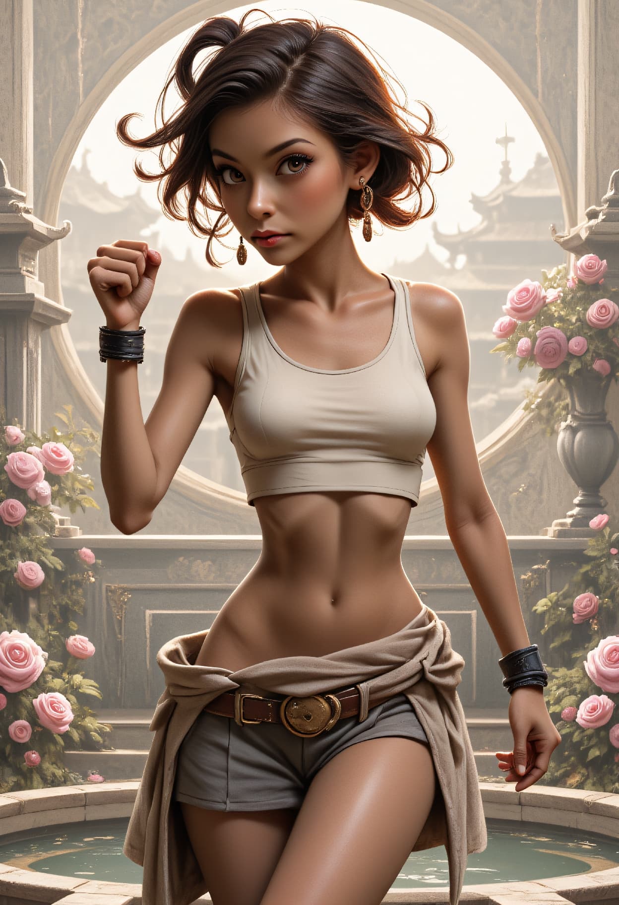 AI generated: anime full body Steampunk ink wash painting of a 24-year-old Garifuna-Chakma female vintage pin-up b...