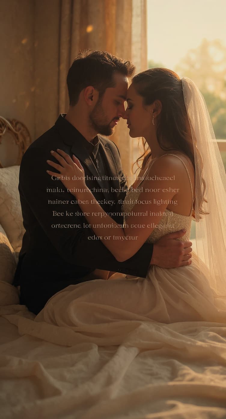 AI generated: A man and a woman share an intimate, passionate embrace on a luxurious bed nude draped in soft silk ...