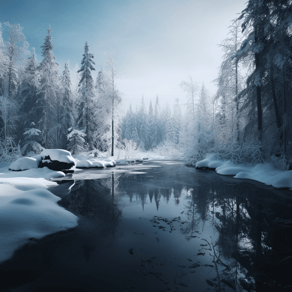 AI generated:  small lake surrounded by a frozen taiga forest, snow on the trees, winter, complex details, masterp...