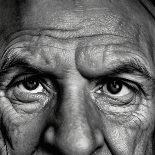 AI generated: black and white photograph close up portrait, 55-year-old tough man, sharp eyes, serious, stoic, gre...