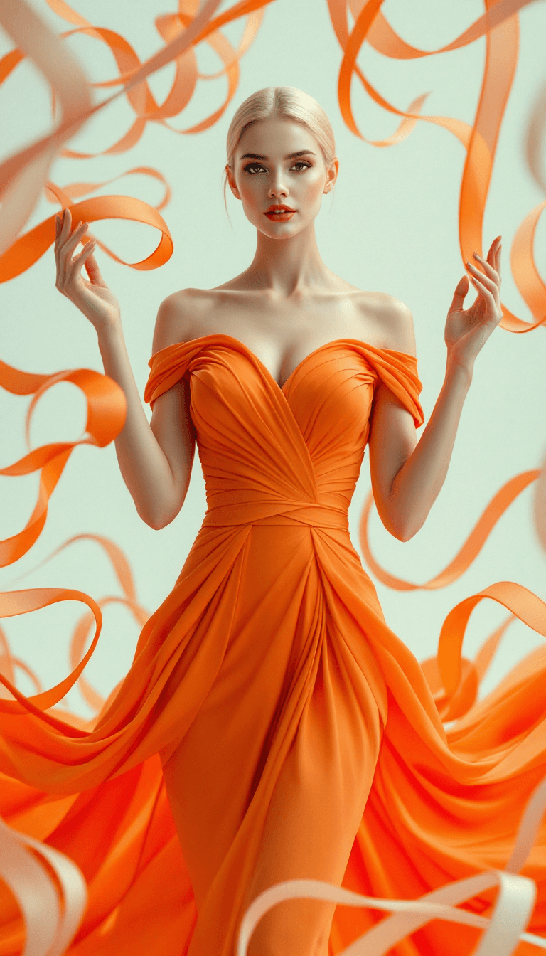 AI generated: The image features a woman standing confidently with both hands lightly touching the swirling, ribbo...