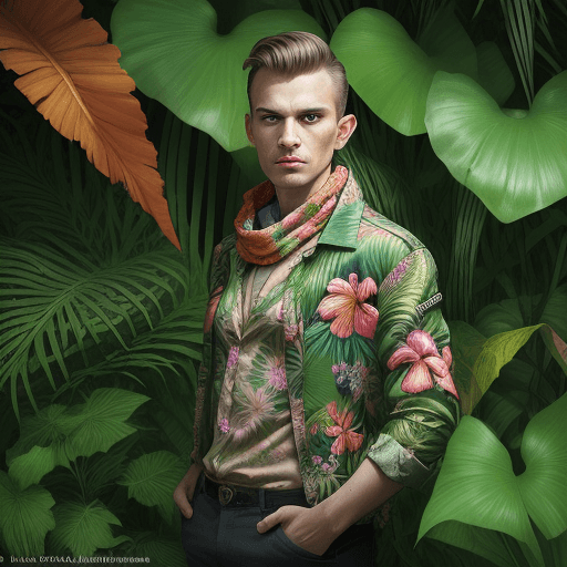AI generated: a gladyatör wearing a jacket and a scarf and a Hawaiian floral shirt, in a jungle setting, with plan...