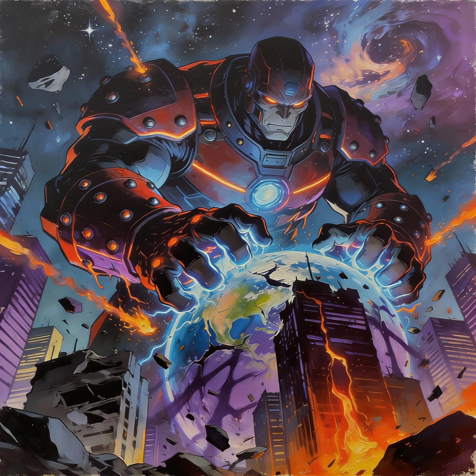 AI generated: galactus looking colossus in shadows with lighted energy neon highlights in his armor. The giant is ...