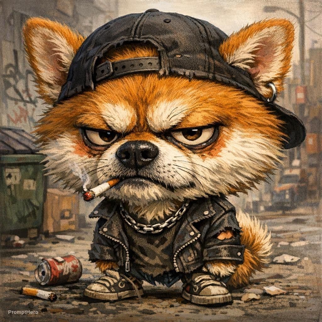 AI generated: funny caricature, grumpy urban Shiba dog, male, 7 years old, scruffy, streetwise, annoyed, small dog...