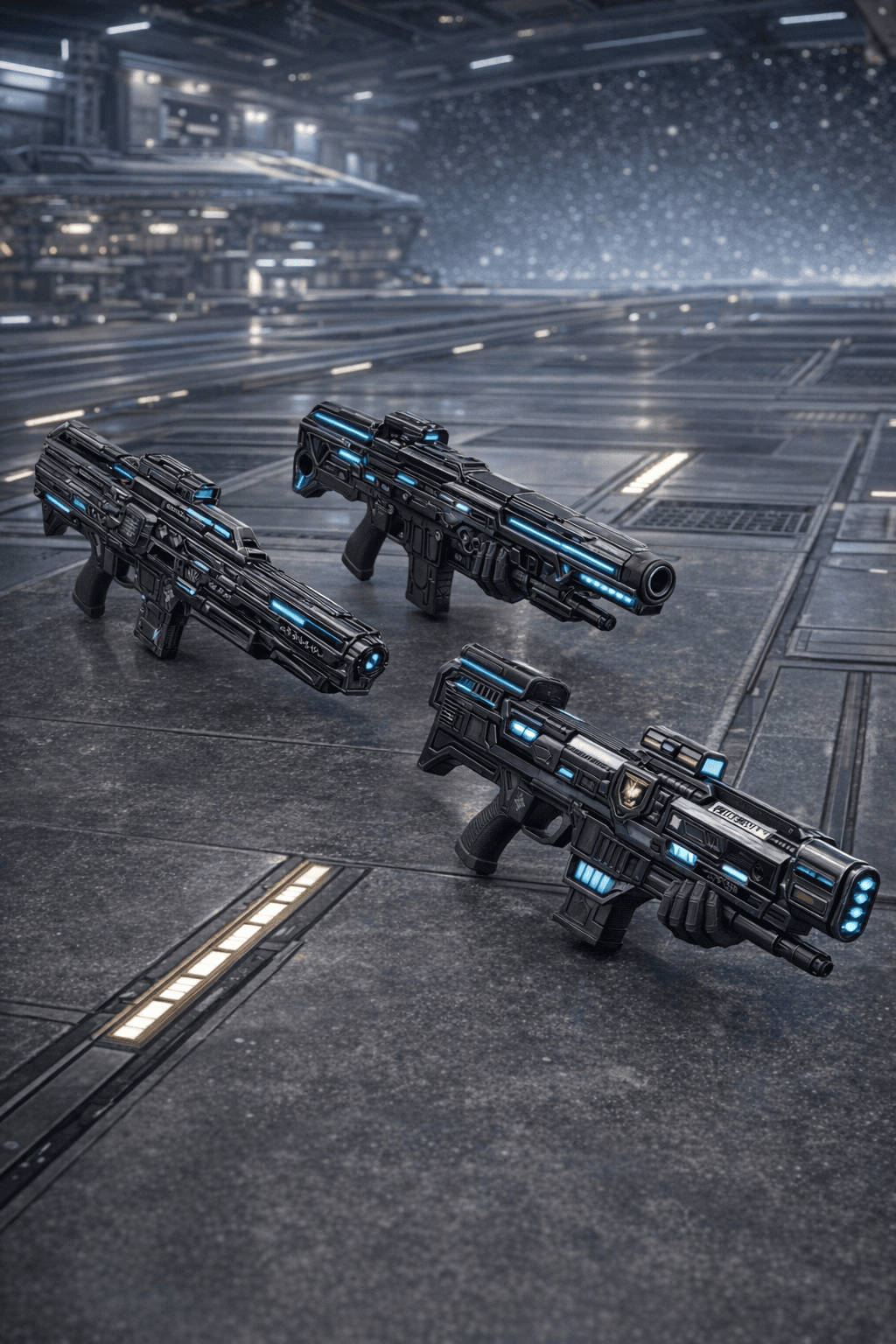 AI generated: Create an image where the characters are removed and their weapons are displayed. Display the weapon...
