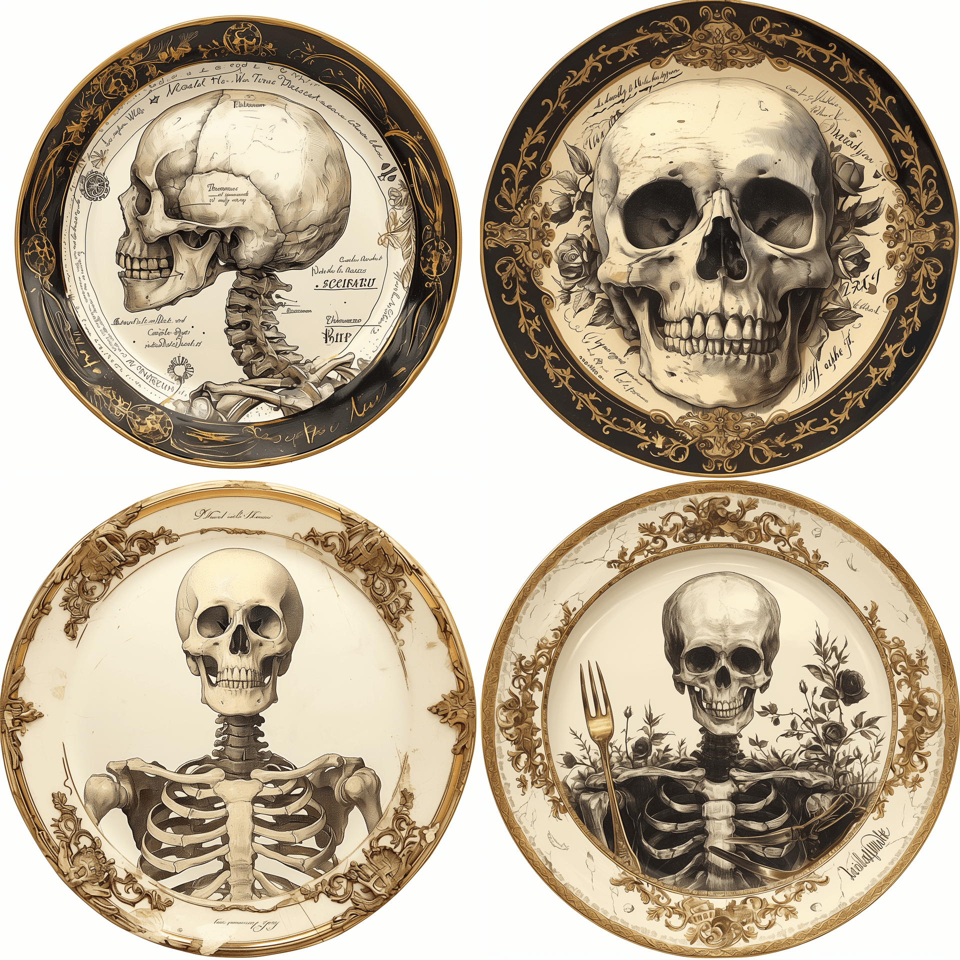 AI generated: round ceramic plate with a white background, a half human body skeleton design in the style of marce...
