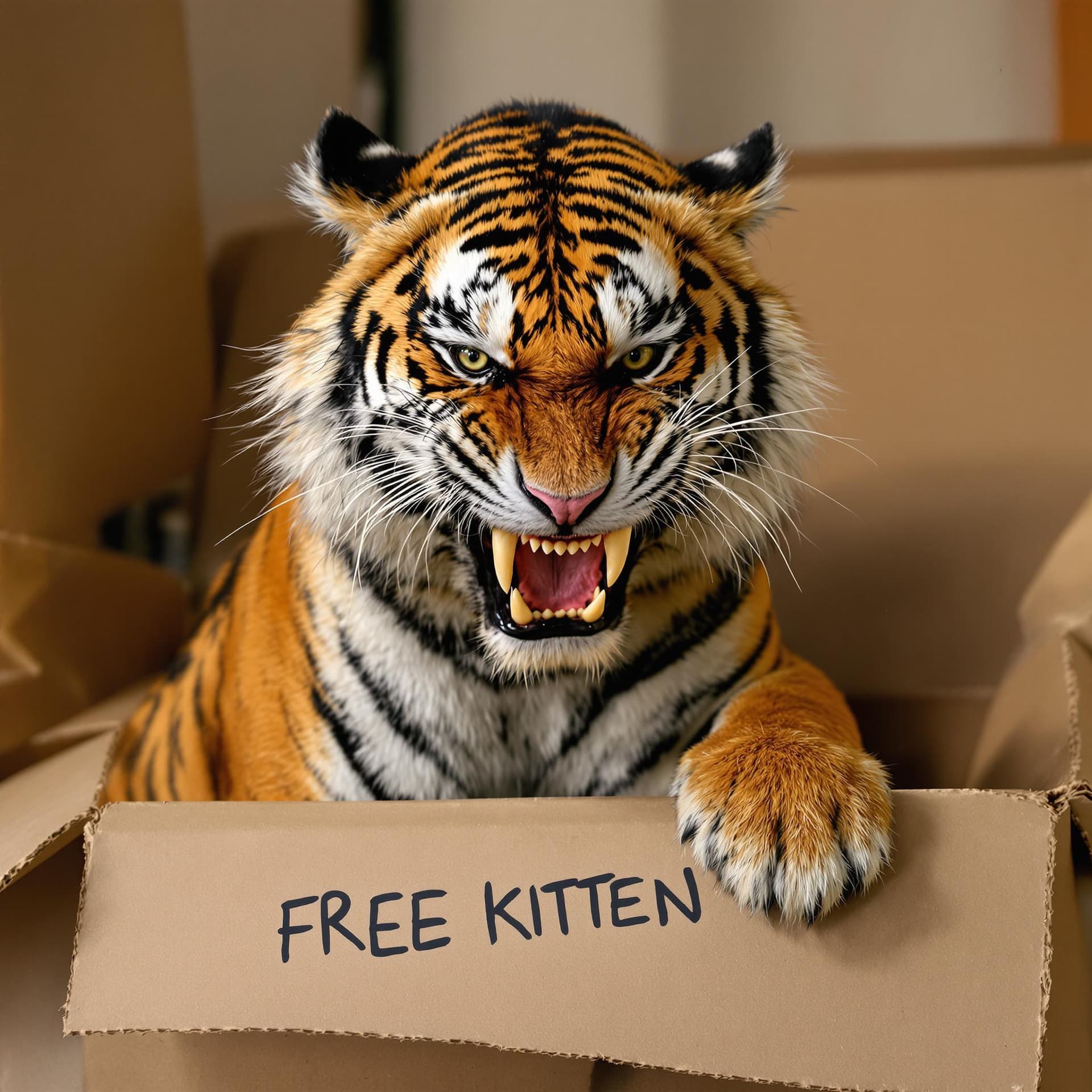 AI generated: Photo of a ultra realistic snarling tiger showing teeth, sat in a box that says "FREE KITTEN"