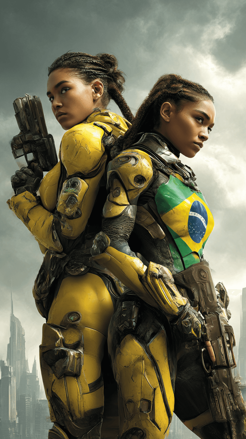 AI generated: A striking [Brazilian flag] female enforcer, dressed in sleek yellow and green matte power armor wit...