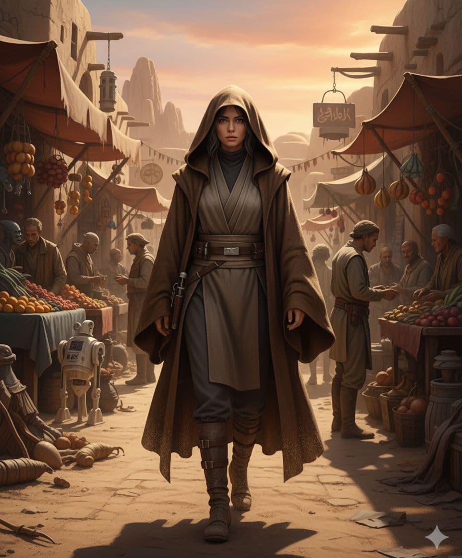 AI generated: A serious and brave female jedi walking through a market in Tatooine, wearing a hooded robe, --ar 4:...