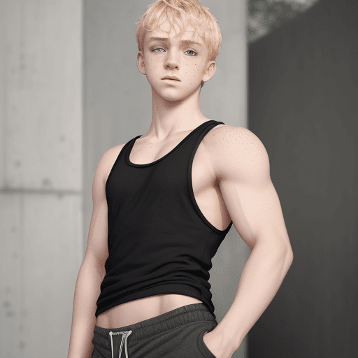 AI generated: a boy blonde hair , black tank top, lifting shirt up,  shorts, standing in public, (highly detailed ...
