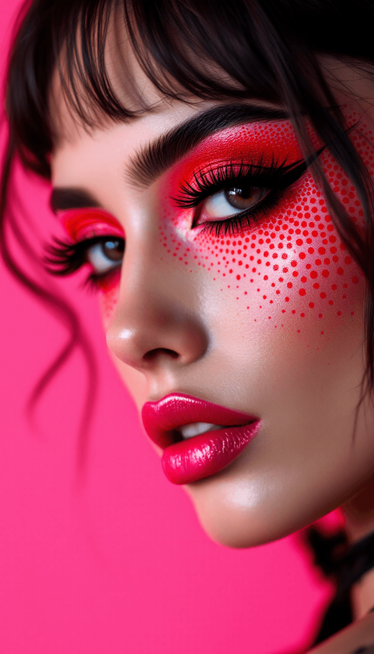 AI generated: closeup side angle photo of an extravagant model with gorgeous bright neon dotted avant-garde red ey...
