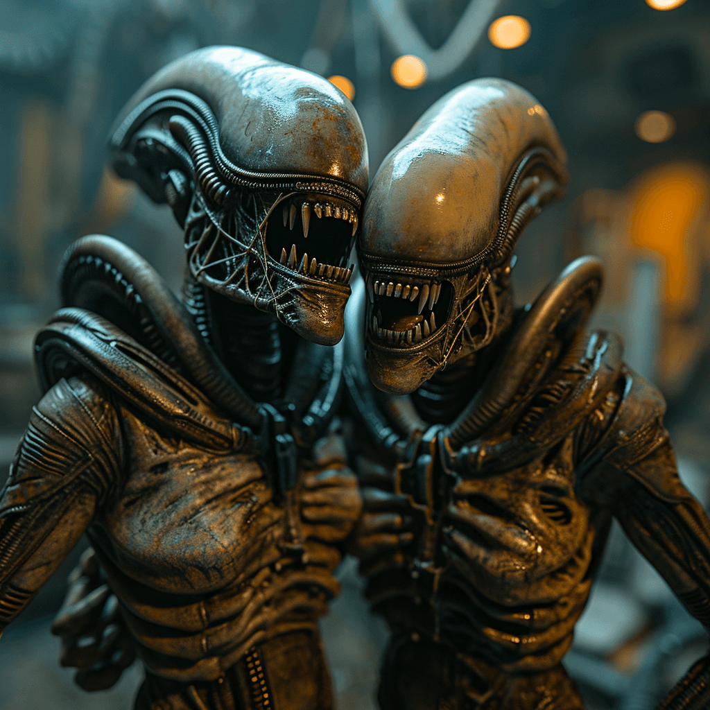 AI generated: two monsters from the movie alien doing a selfie smiling into the camera, closeup shot --s 250 --v 6...