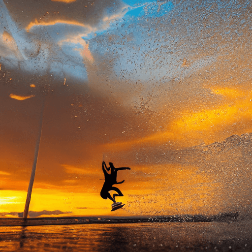 AI generated: dynamic, high-speed action, encapsulated in a warm, vibrant sunset backdrop, a tight crop focusing o...