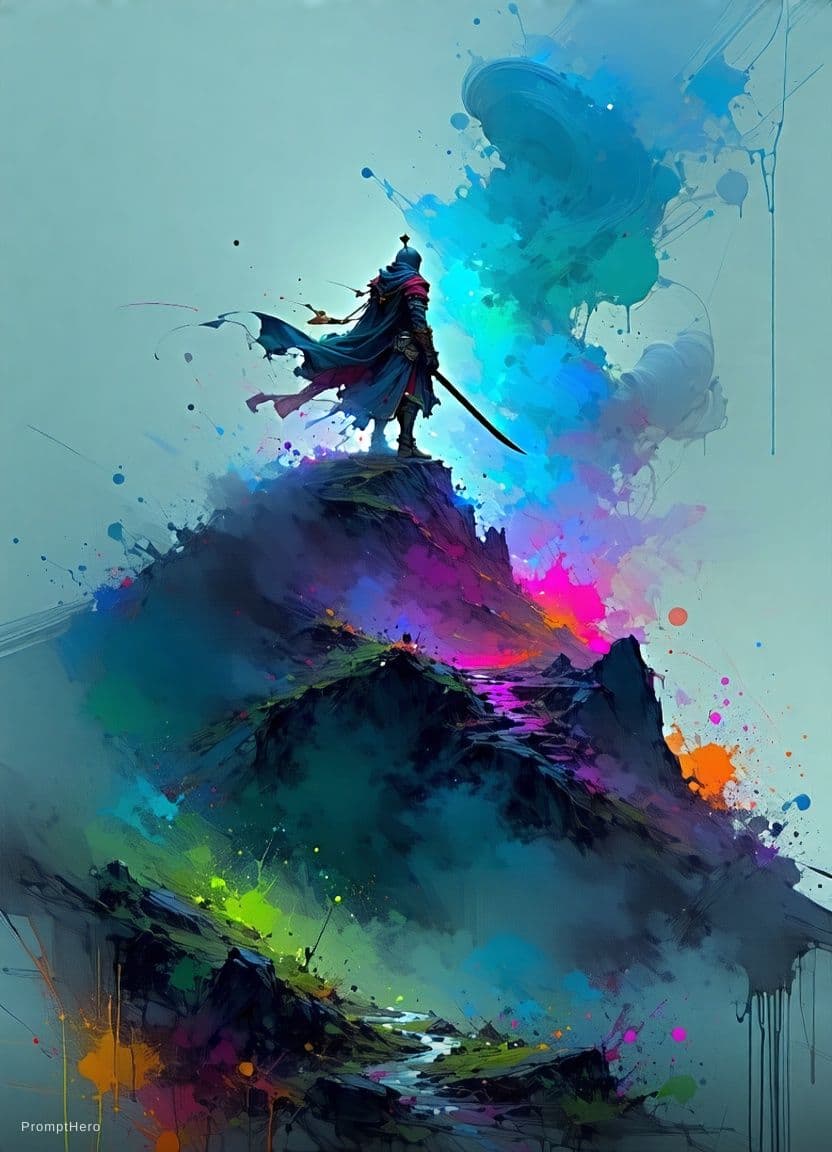 AI generated: poster of warrior princess| standing on hill |centered| key visual| intricate| highly detailed| brea...