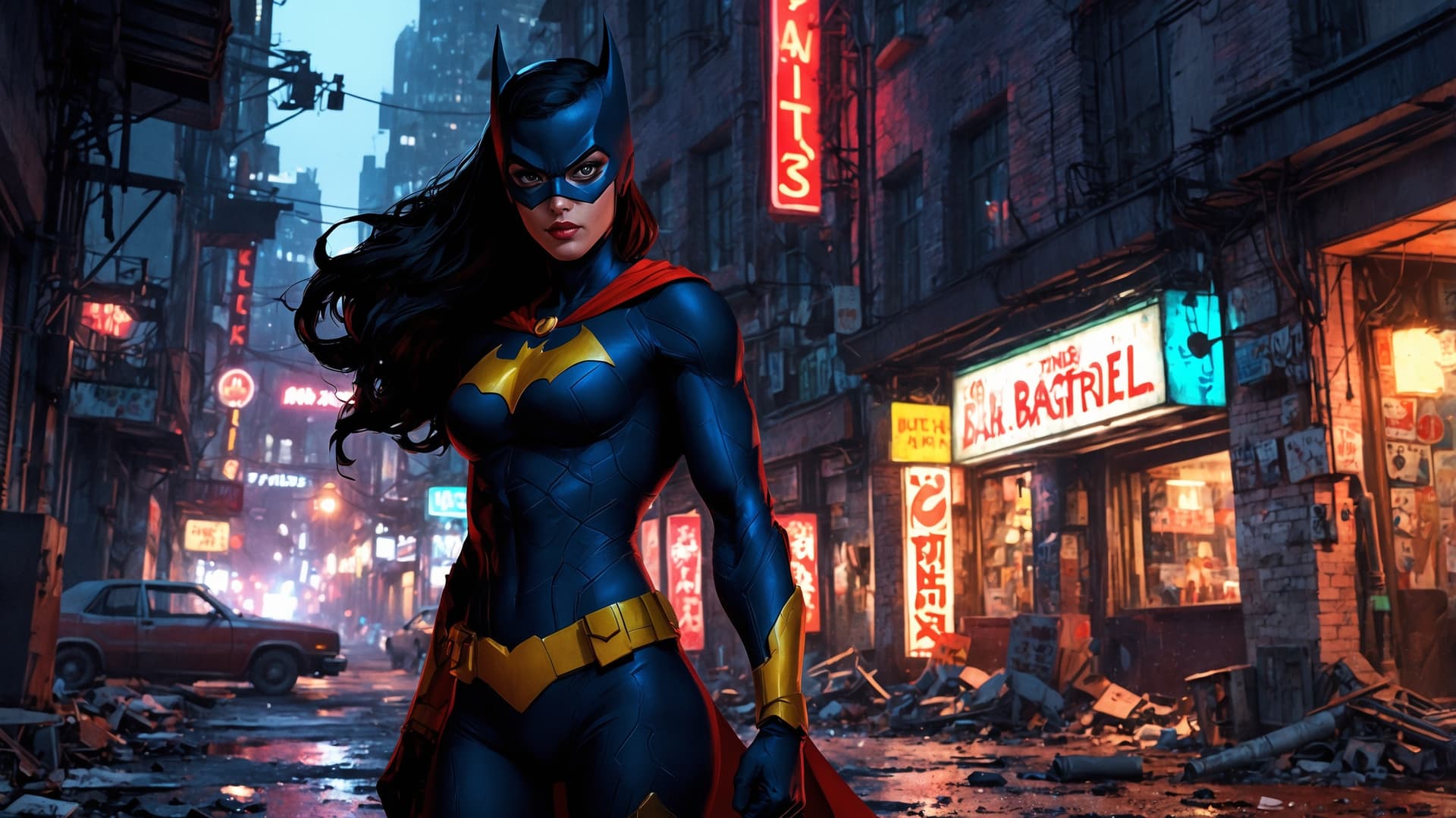 AI generated: Highly detailed digital illustration of a female superhero, Batgirl, walking confidently through a d...