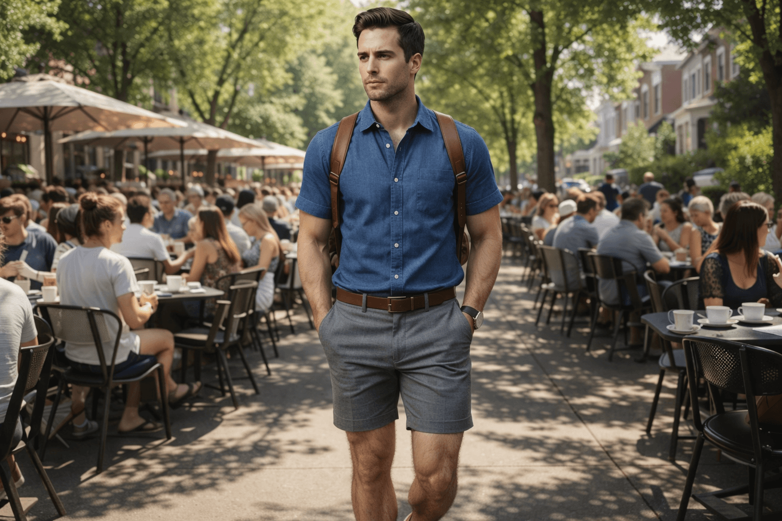 AI generated: In a sunny morning at a nice neighborhood. The model walking among a lot of people at a coffee shop ...