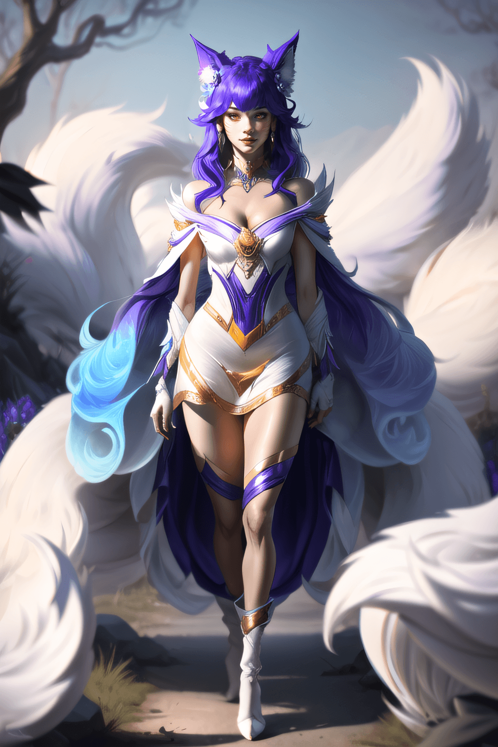 AI generated: ahri \(league of legends\), animal ears, purple hair,  facial mark, fox ears, white fox tails, orang...