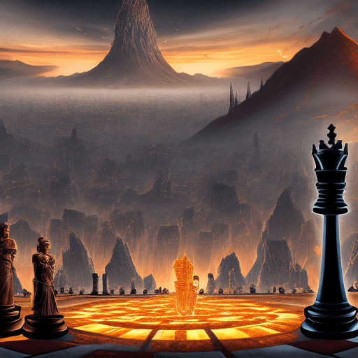 AI generated: Digital artwork of a fantastical chess game set in the foreground with a towering dark knight and a ...
